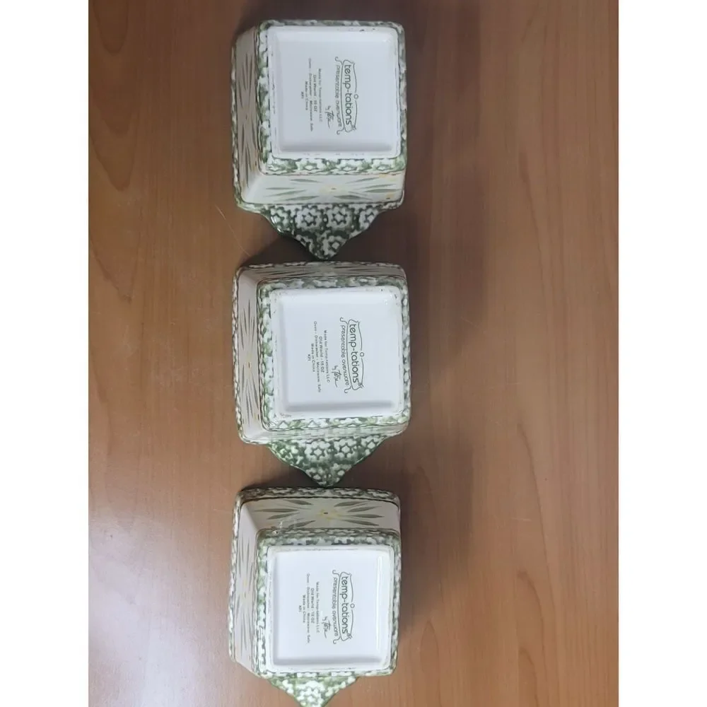 TEMP-TATIONS Old World Green ovenware Set - 3 Individual Square Bakers with Lids